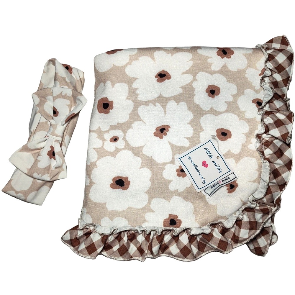 Little Millie 2pc Baby Girl Brown‎ Flower Ruffled Blanket Bow Headband Set NWT